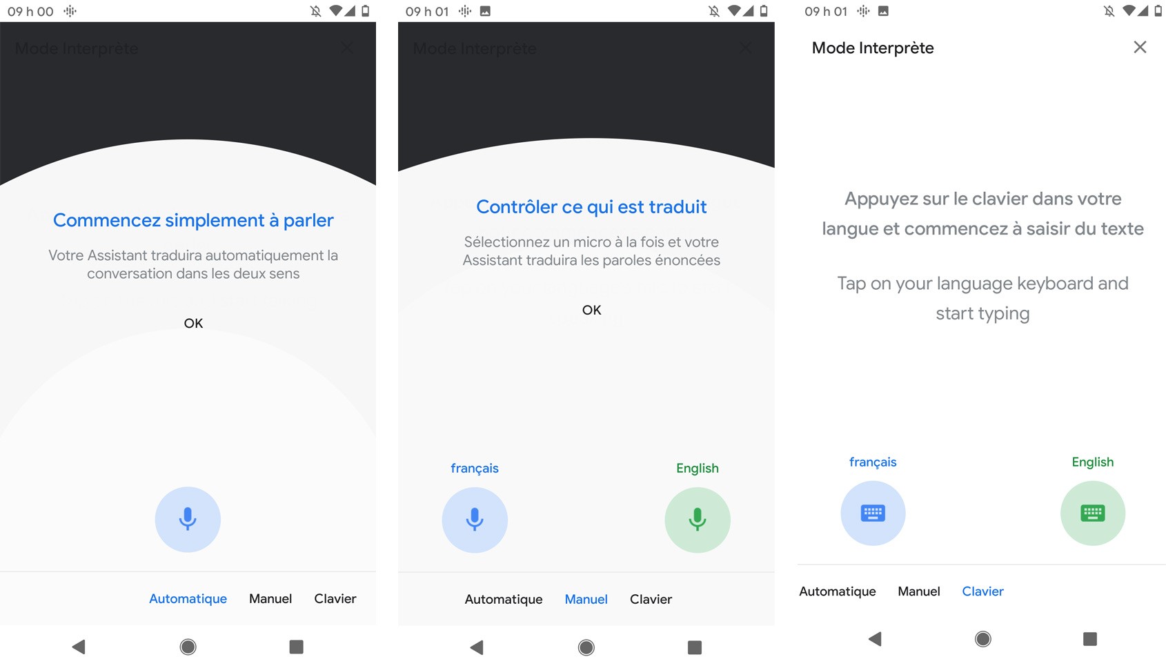 nouvelle fonction Google Interprète trois modes auto manuel clavier