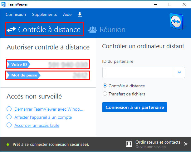 Panneau de contr&ocirc;le TeamViewer ordinateur