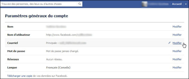 Param&egrave;tres du compte