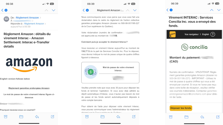 Capture d'&eacute;cran des courriels pour le virement interac du recours collectif contre Amazon.