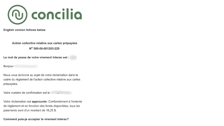 Voici le courriel que vous recevrez pour r&eacute;clamer votre 16,25$