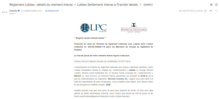1er courriel recours collectif pain