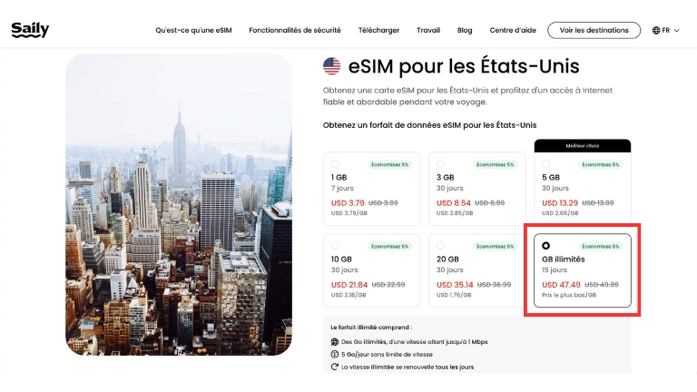 Les forfaits eSIM illimit&eacute;s de Saily sont accessibles dans six destinations populaires