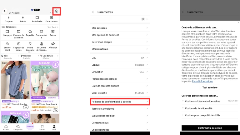 on peut aller dans les param&egrave;tres de confidentialit&eacute; sur le site de Shein pour d&eacute;sactiver ce qu'on ne veut pas partager.&nbsp;