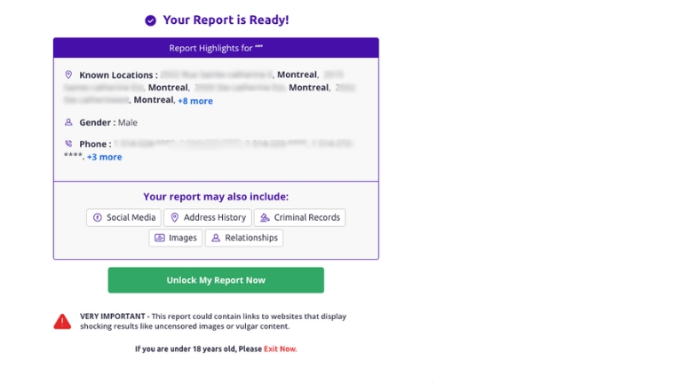 Social Catfish propose une vérification de base gratuite seulement. Il faut payer pour avoir l'information détaillée.