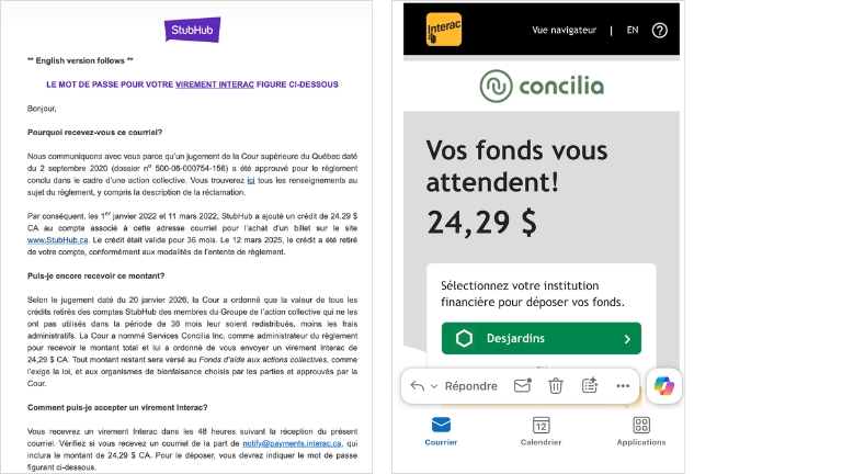 Voici le courriel et l'avis de virement Interac re&ccedil;us par les personnes &eacute;ligibles.