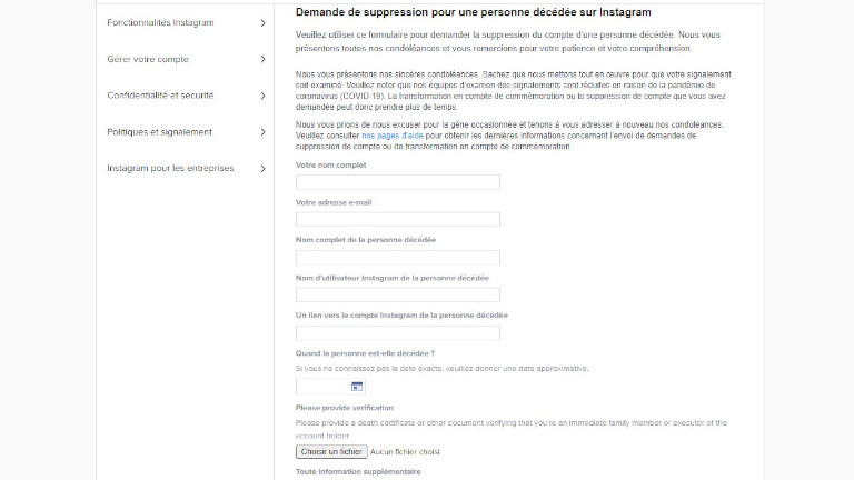 Si on ne veut pas le transformer en compte commémoratif, on peut aussi le supprimer définitivement. Suppression supprimer compte Instagram personne décédée