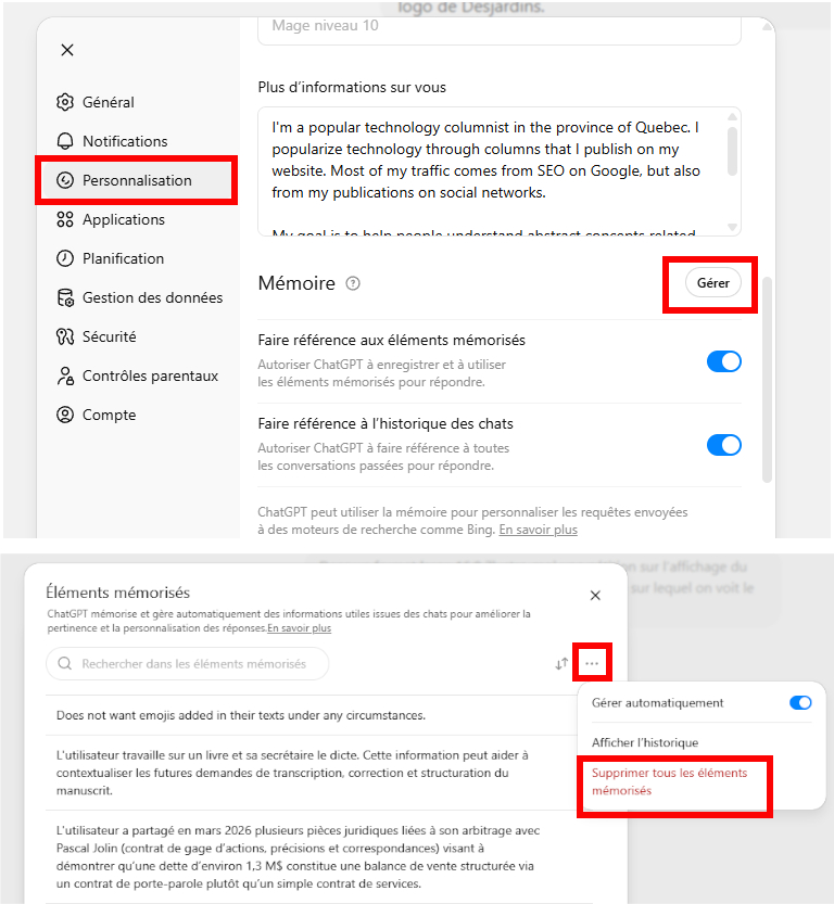 Supprimer &eacute;l&eacute;ments sauvegard&eacute;s par ChatGPT
