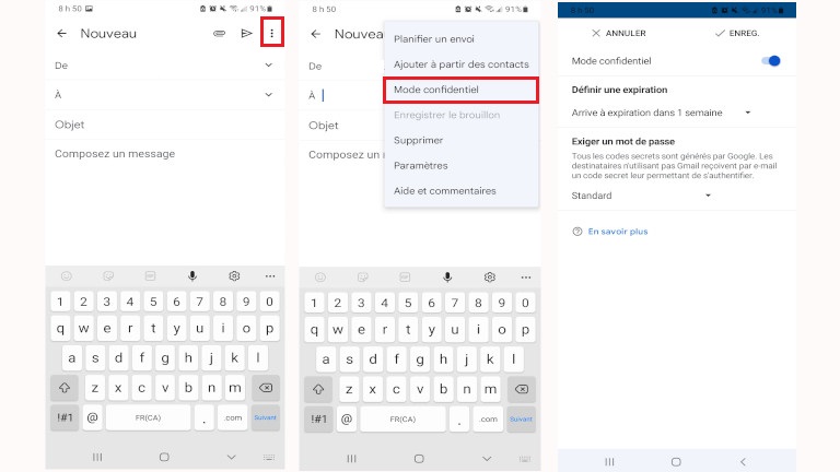 téléphone intelligent gmail mode confidentiel autodestruction courriel application