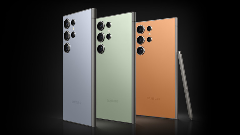 Le Samsung Galaxy S24 Ultra est disponible en bleu, vert, orange, joir, violet, jaune et gris titane. Couleurs Glaaxy S24 Ultra