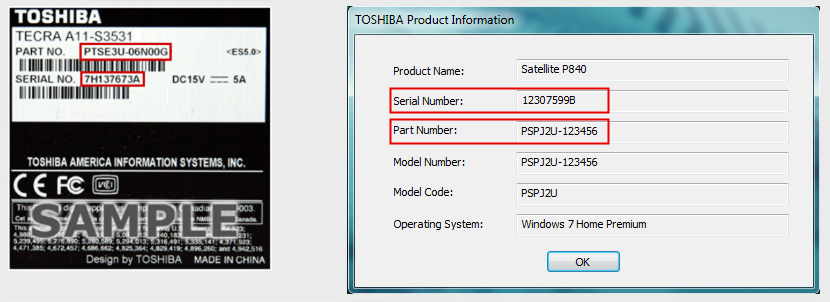 Toshiba num&eacute;ro s&eacute;rie