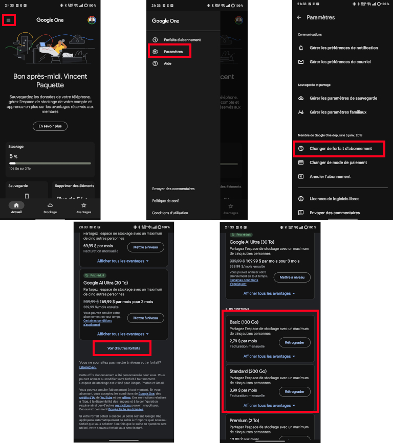Voici comment trouver les forfaits basic et standard dans l'app de Google One. Google One trouver forfait basic et Standard
