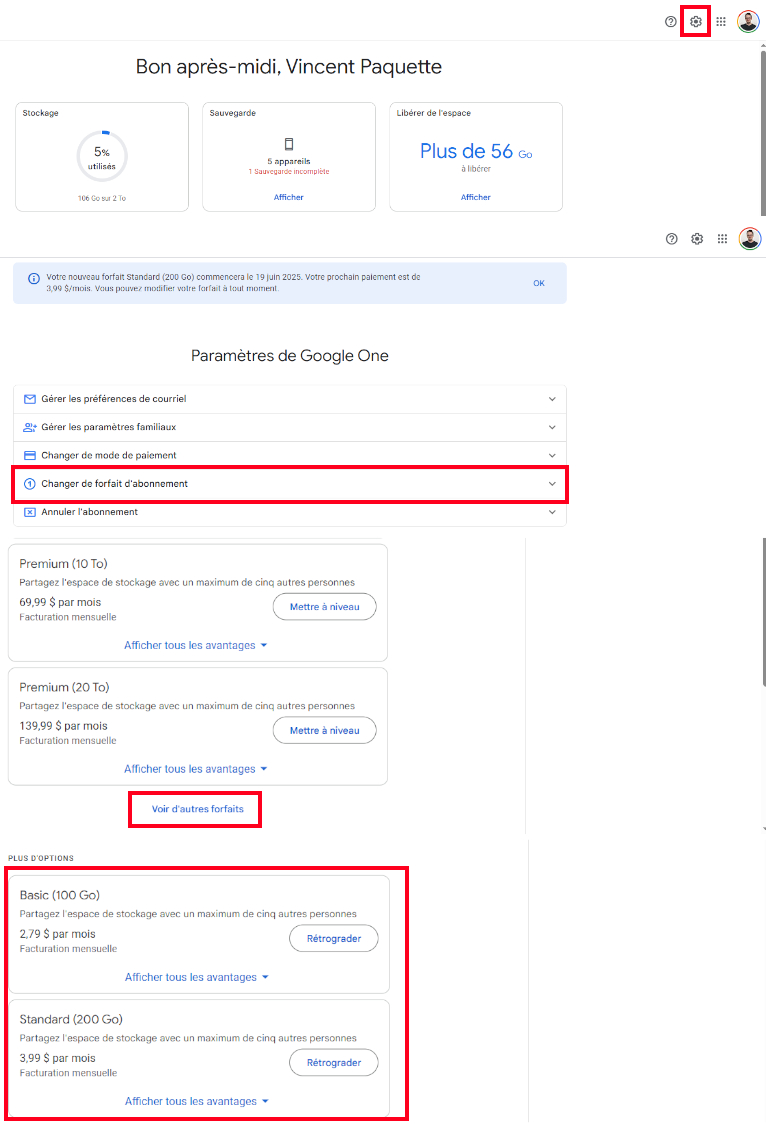 Voici comment trouver les forfaits basic et standard de Google One via un ordinateur.. Trouver forfait basic et standard Google one