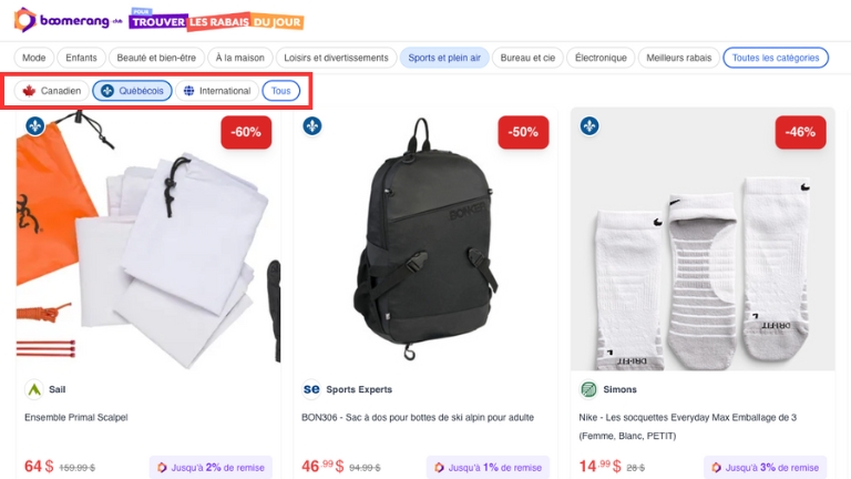On peut magasiner uniquement aupr&egrave;s des marchands qu&eacute;b&eacute;cois ou canadiens.