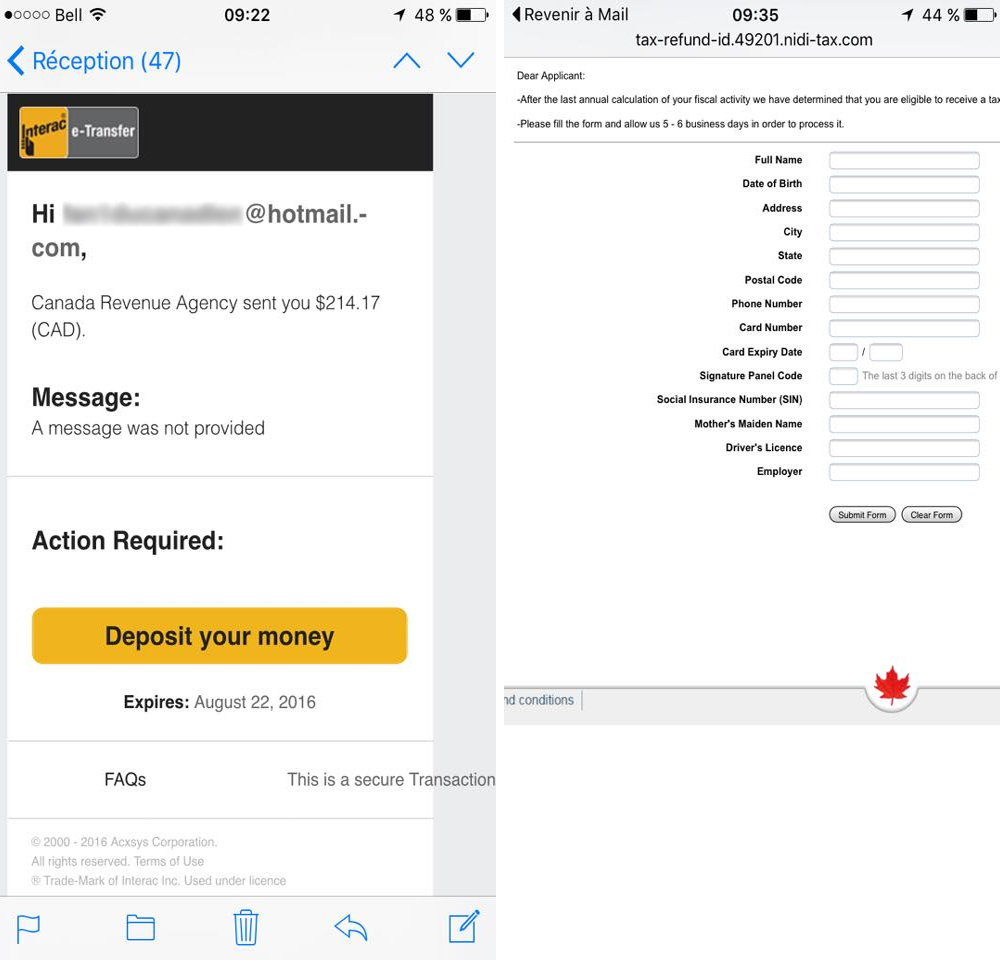 Fraude virement Interac Agence du revenu du Canada