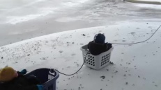 Un père fait glisser ses enfants dans des paniers à linge
